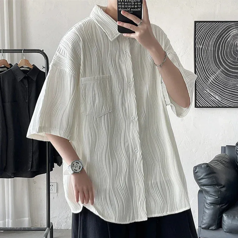 -  Told Tale Men's Wavy Grain Pleated Blouse Lapel Short Sleeve Streetwear Casual Male Loose Leisure Solid Shirts Men Clothing