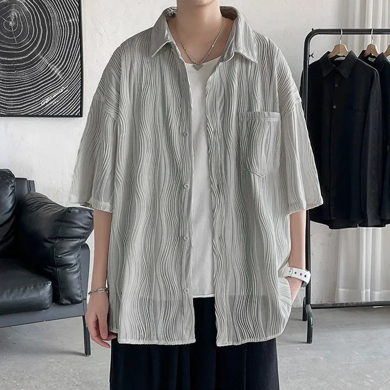 -  Told Tale Men's Wavy Grain Pleated Blouse Lapel Short Sleeve Streetwear Casual Male Loose Leisure Solid Shirts Men Clothing