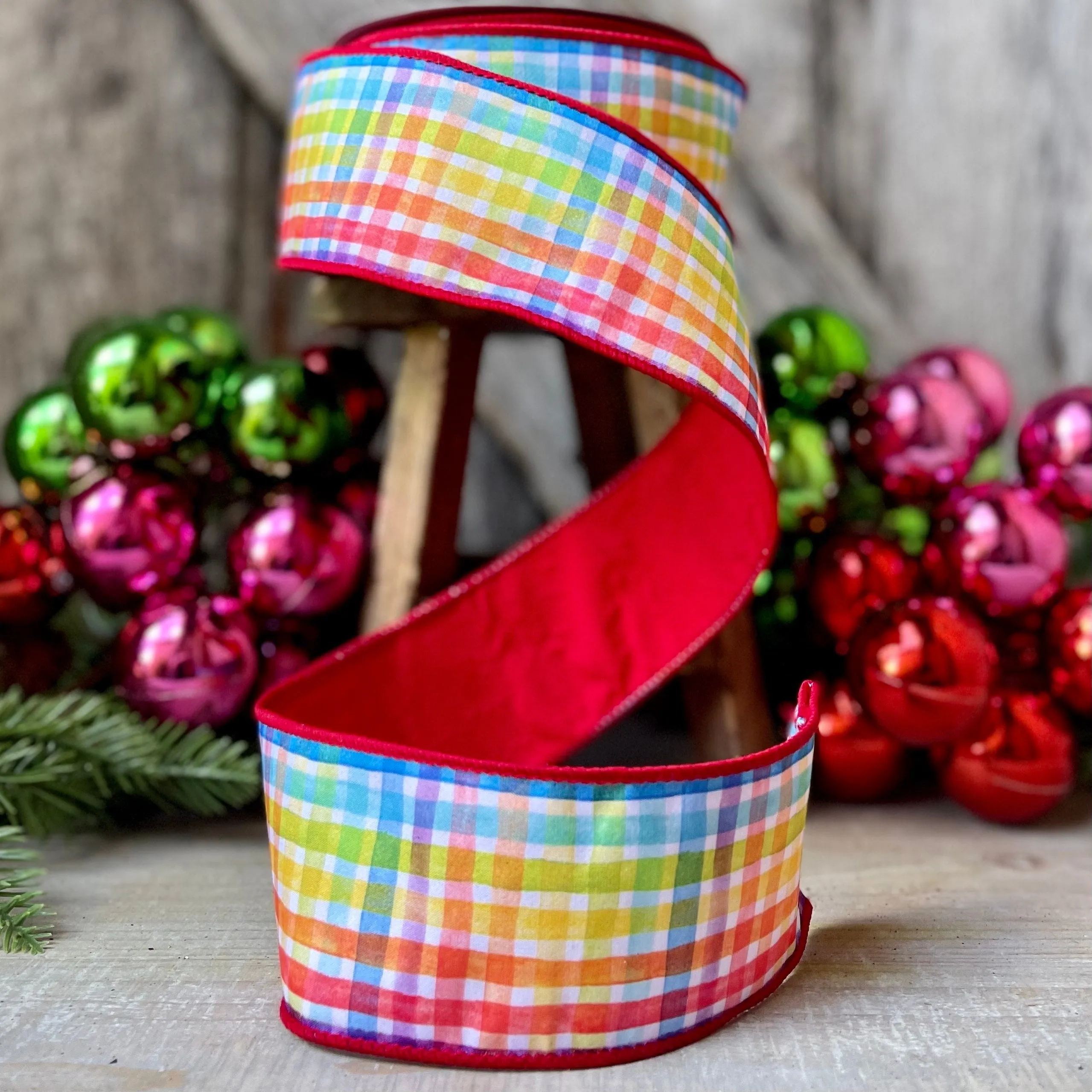 2.5" Rainbow Plaid Ribbon, Christmas Ribbon