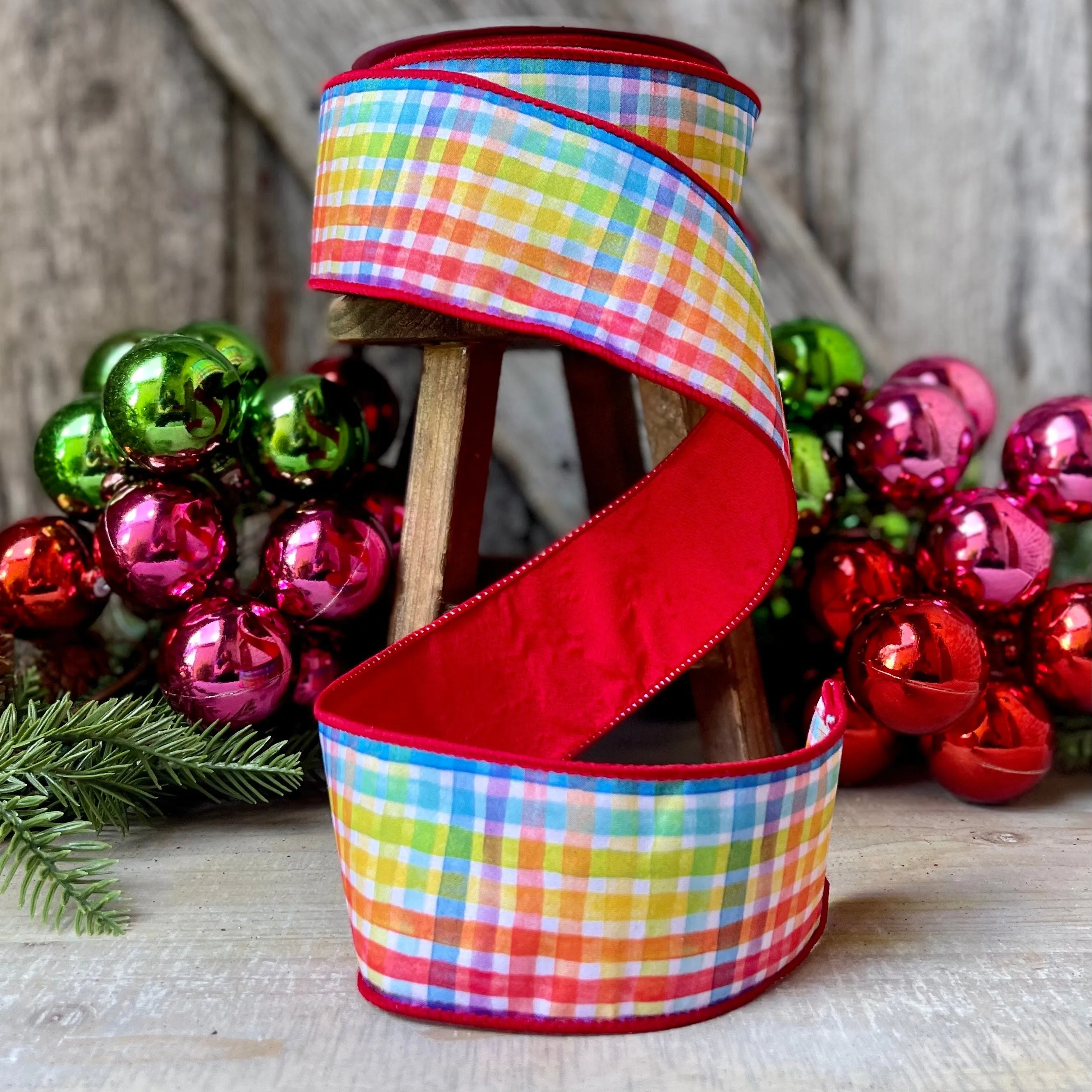 2.5" Rainbow Plaid Ribbon, Christmas Ribbon