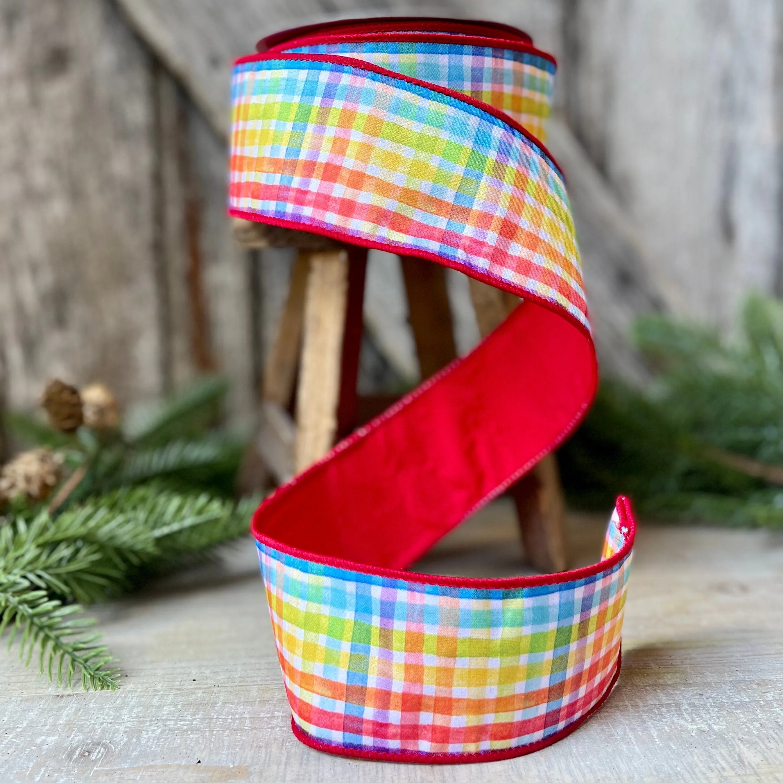 2.5" Rainbow Plaid Ribbon, Christmas Ribbon