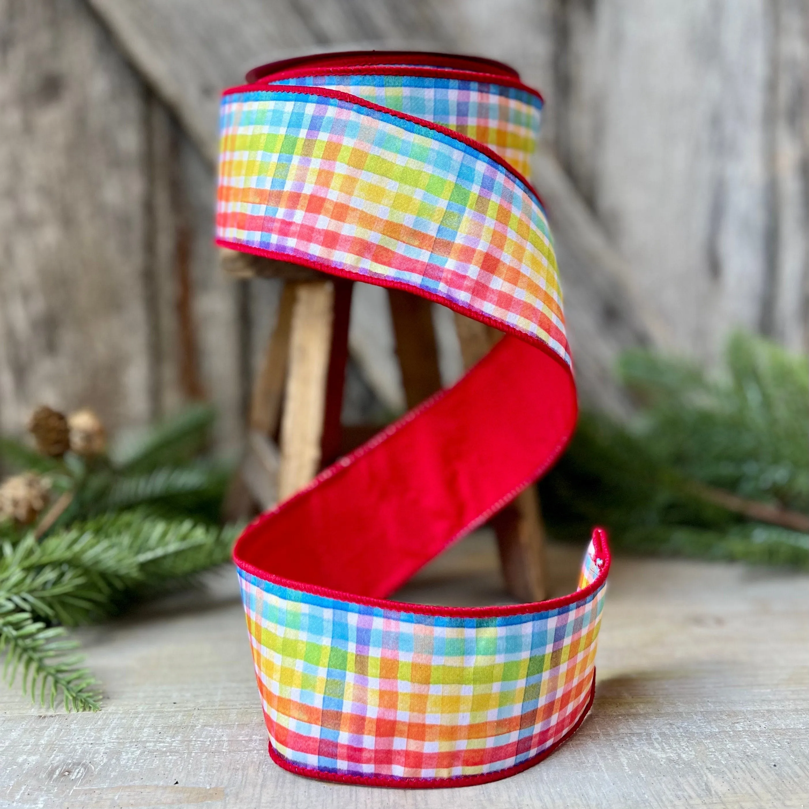 2.5" Rainbow Plaid Ribbon, Christmas Ribbon