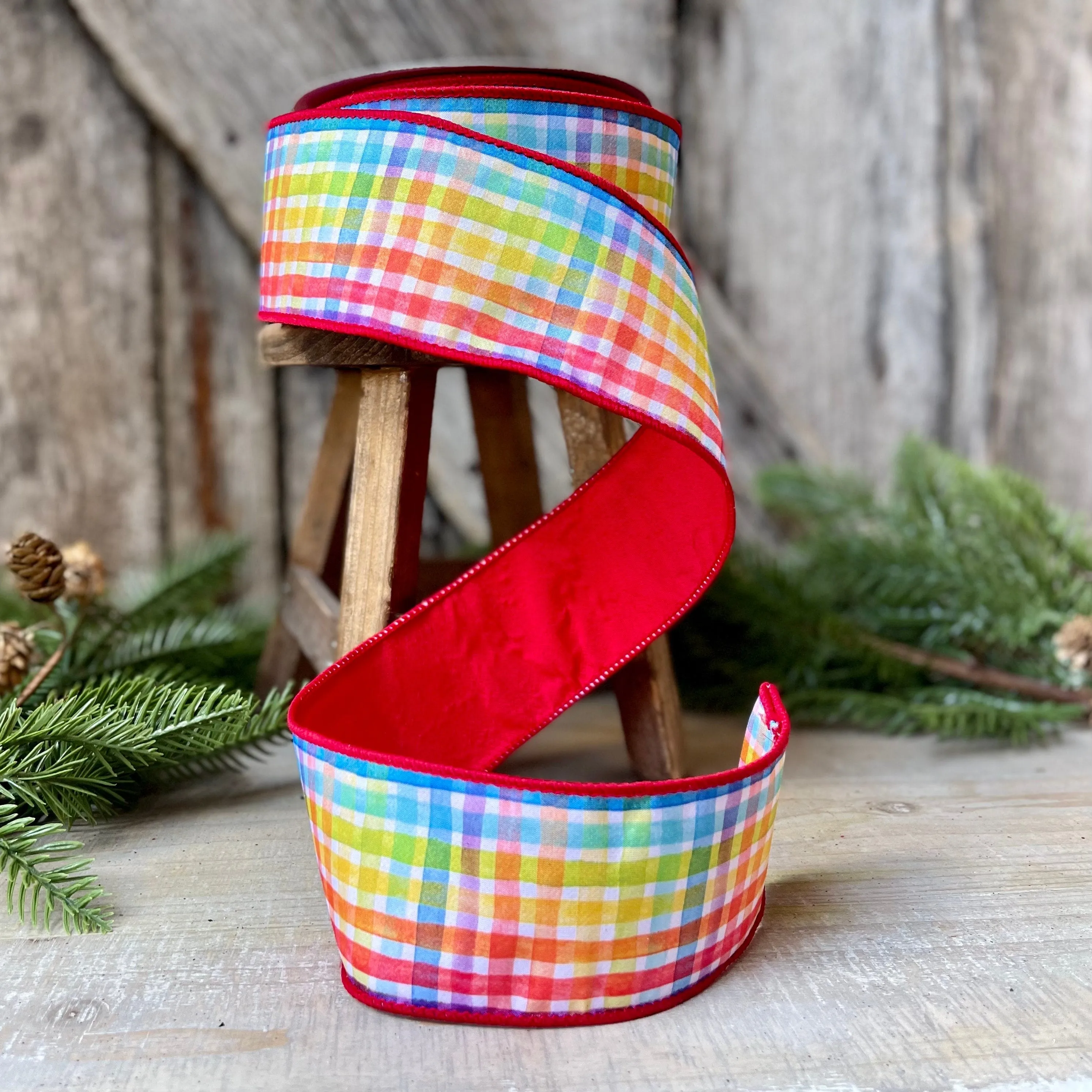 2.5" Rainbow Plaid Ribbon, Christmas Ribbon