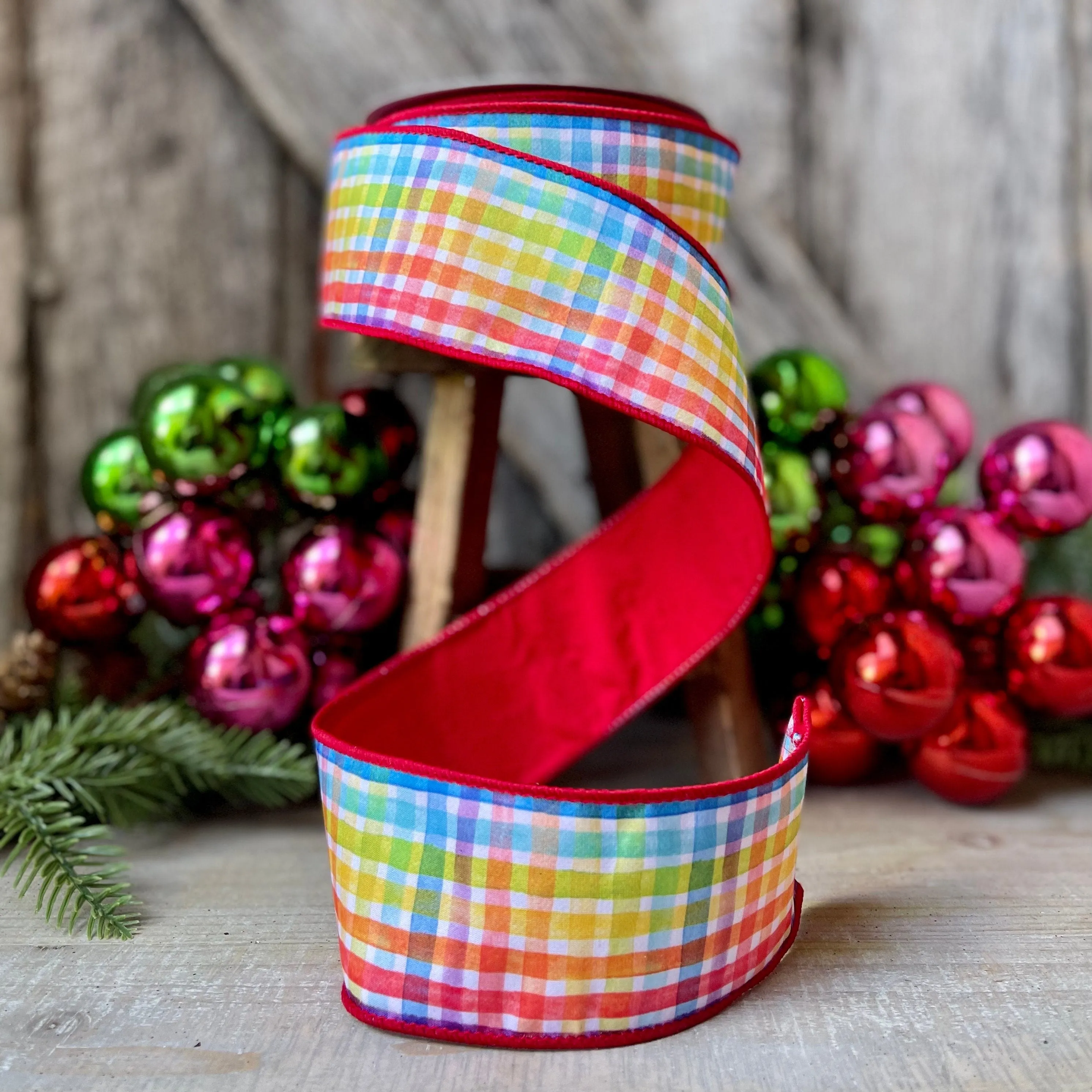 2.5" Rainbow Plaid Ribbon, Christmas Ribbon