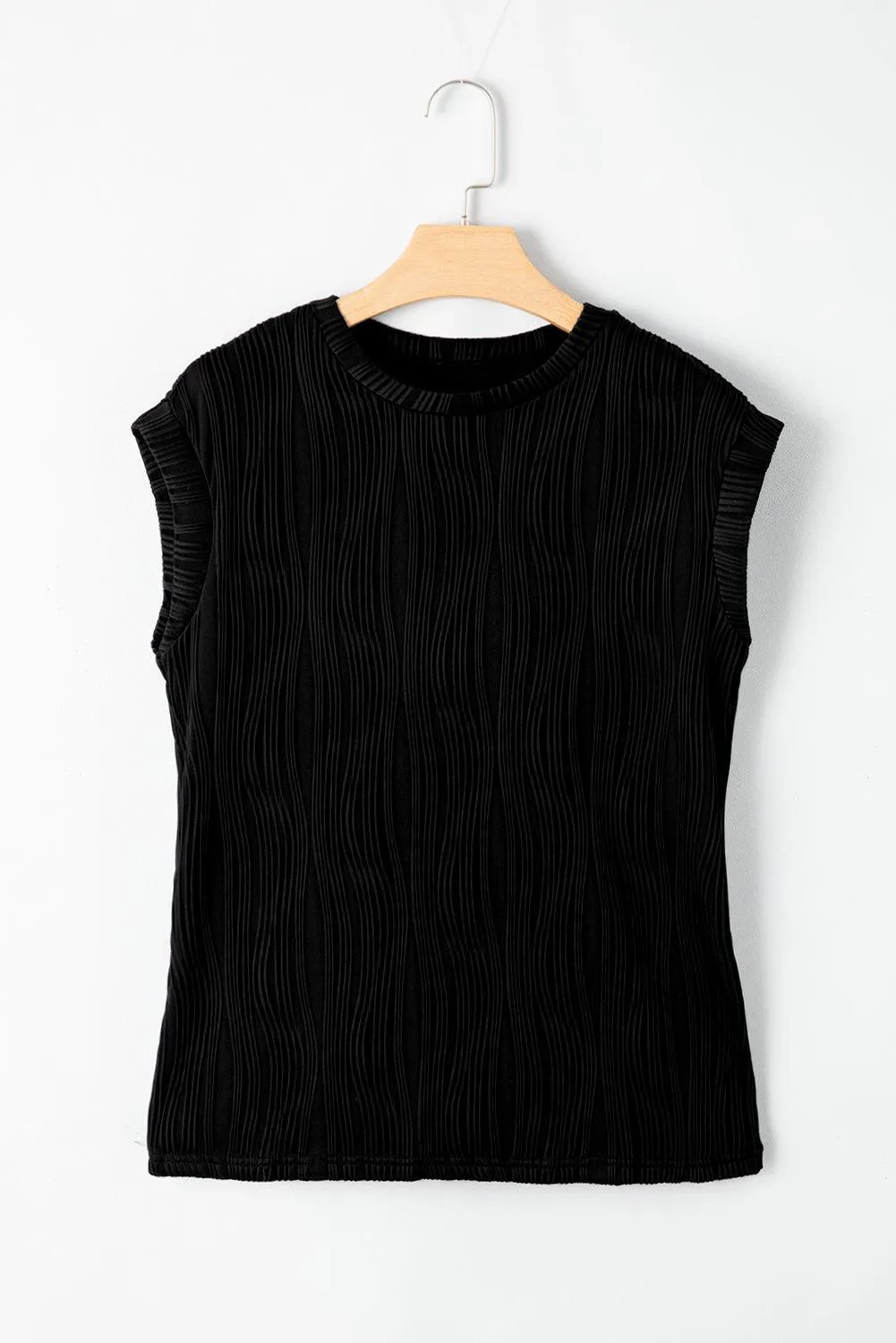 Black Wavy Texture Cap Sleeve Top for Women