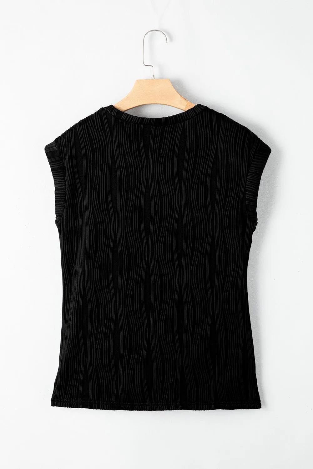 Black Wavy Texture Cap Sleeve Top for Women