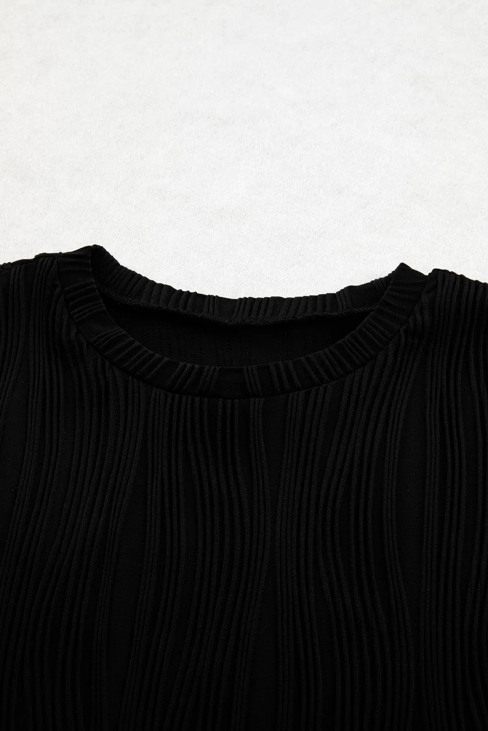 Black Wavy Texture Cap Sleeve Top for Women