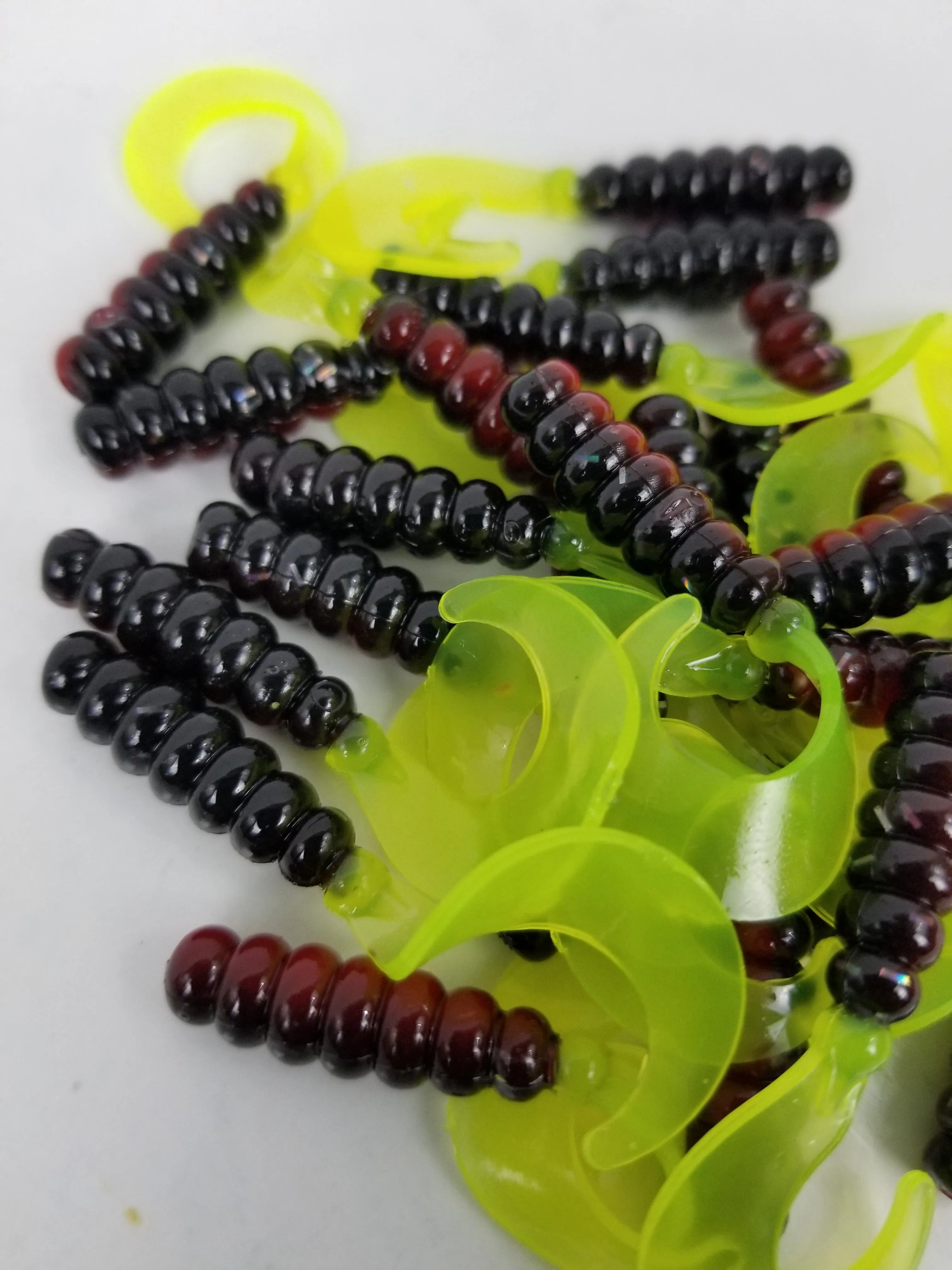 Cam's 2"(HOLOGRAM FLAKE)  Curly Tail Grub 35pc Red Black & Chartreuse Curly Tail Crappie Soft Jigs  [A Cam's Exclusive]