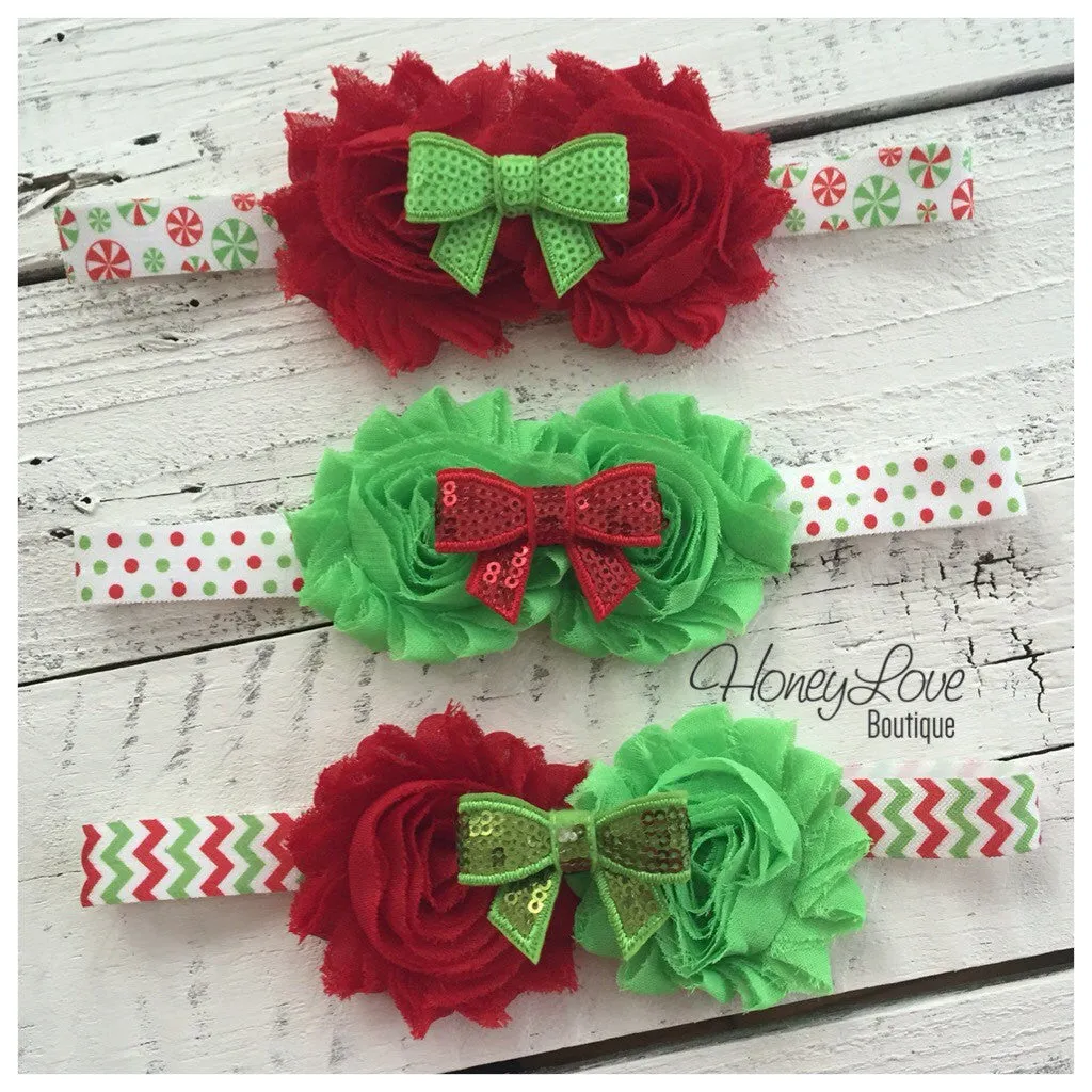 Christmas Headband - Shabby Flower - Sequin Bow - Chevron, Polka Dot, Candy Cane