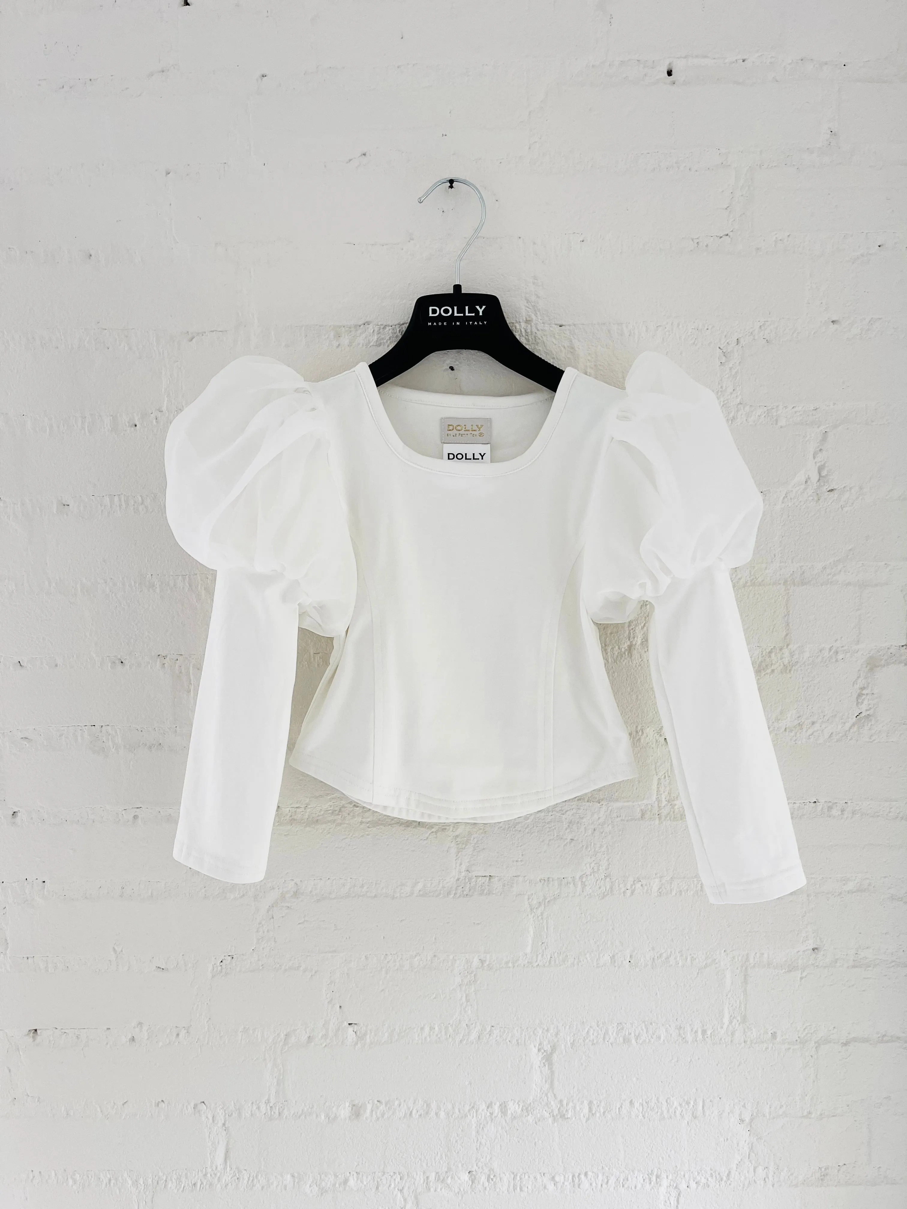 DOLLY WORLD PUFF LONG SLEEVE ORGANZA TOP WITH COTTON BODY white