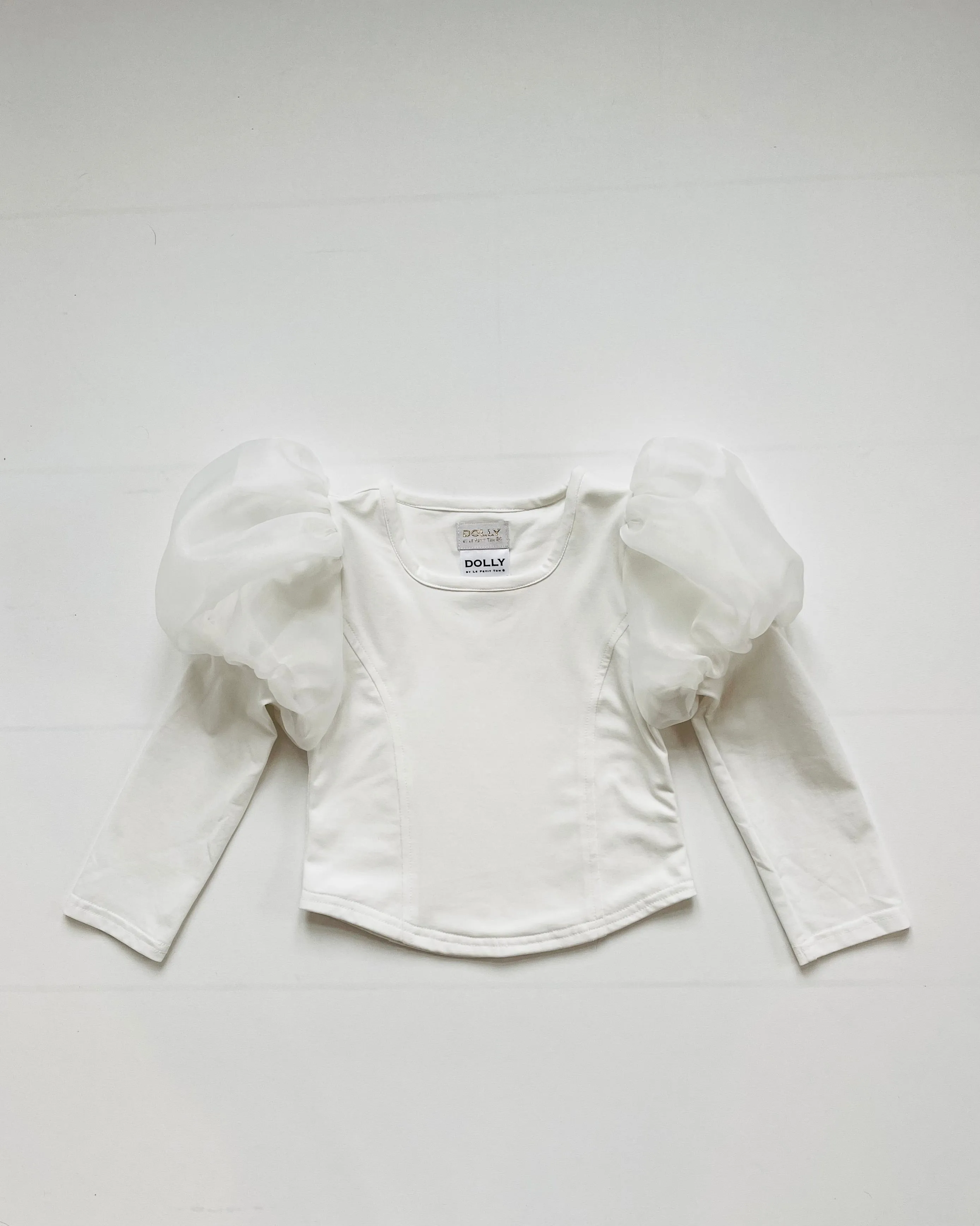 DOLLY WORLD PUFF LONG SLEEVE ORGANZA TOP WITH COTTON BODY white