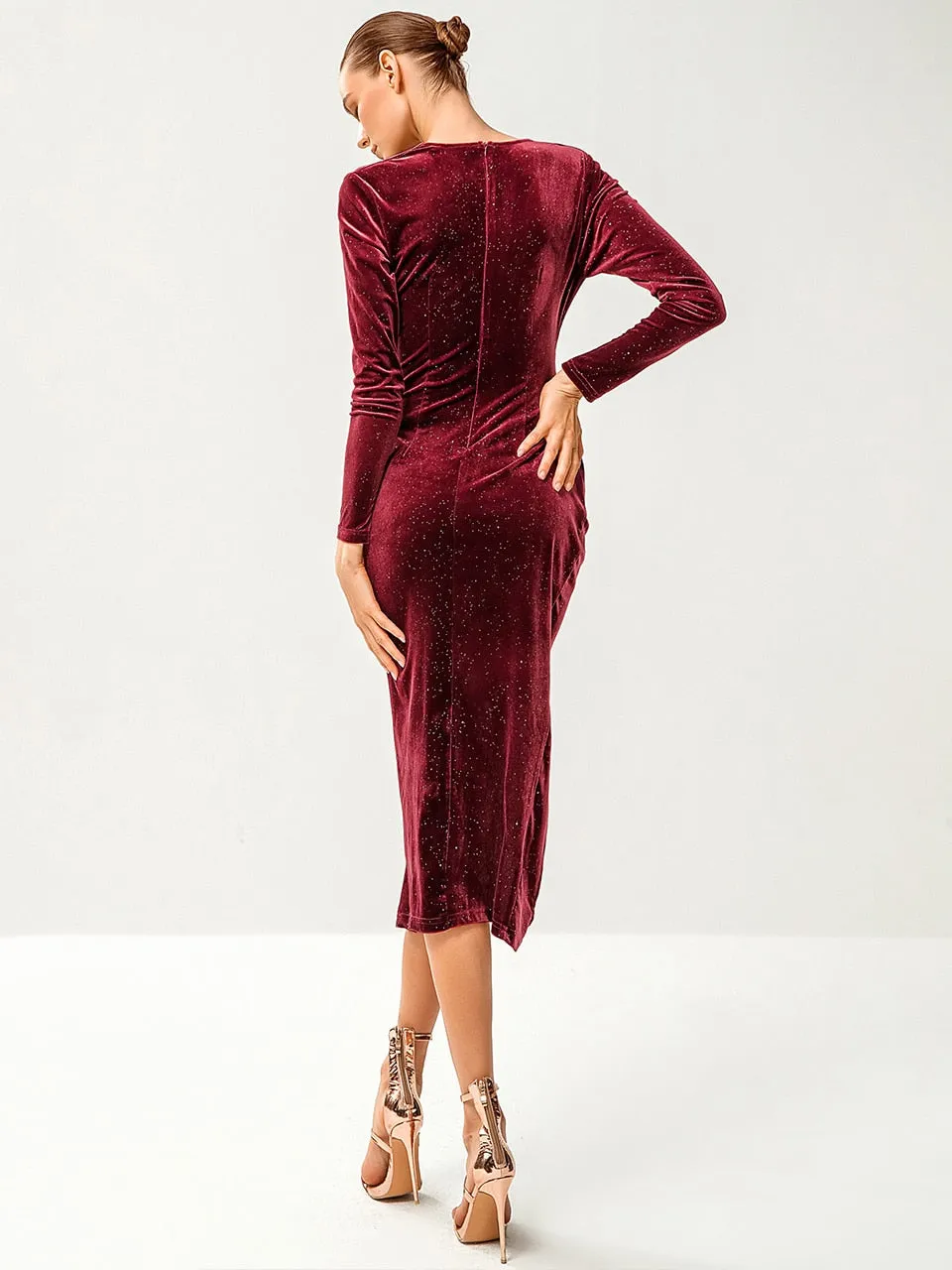 DressBetty - Velvet Dresses Long-Sleeved Sexy Sequin Party Club Outfit Wrap Dress