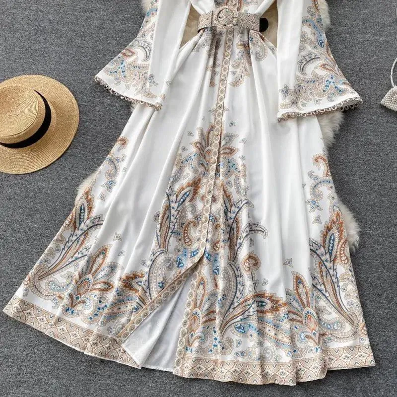 European And American Style Retro Printed Bell Sleeve Dress