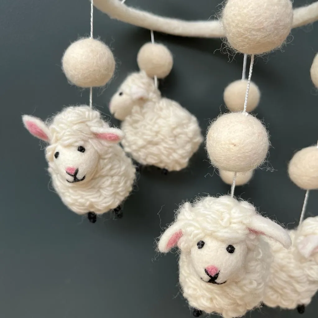 Handmade Felt Woolly Sheep Mobile - Fairtrade