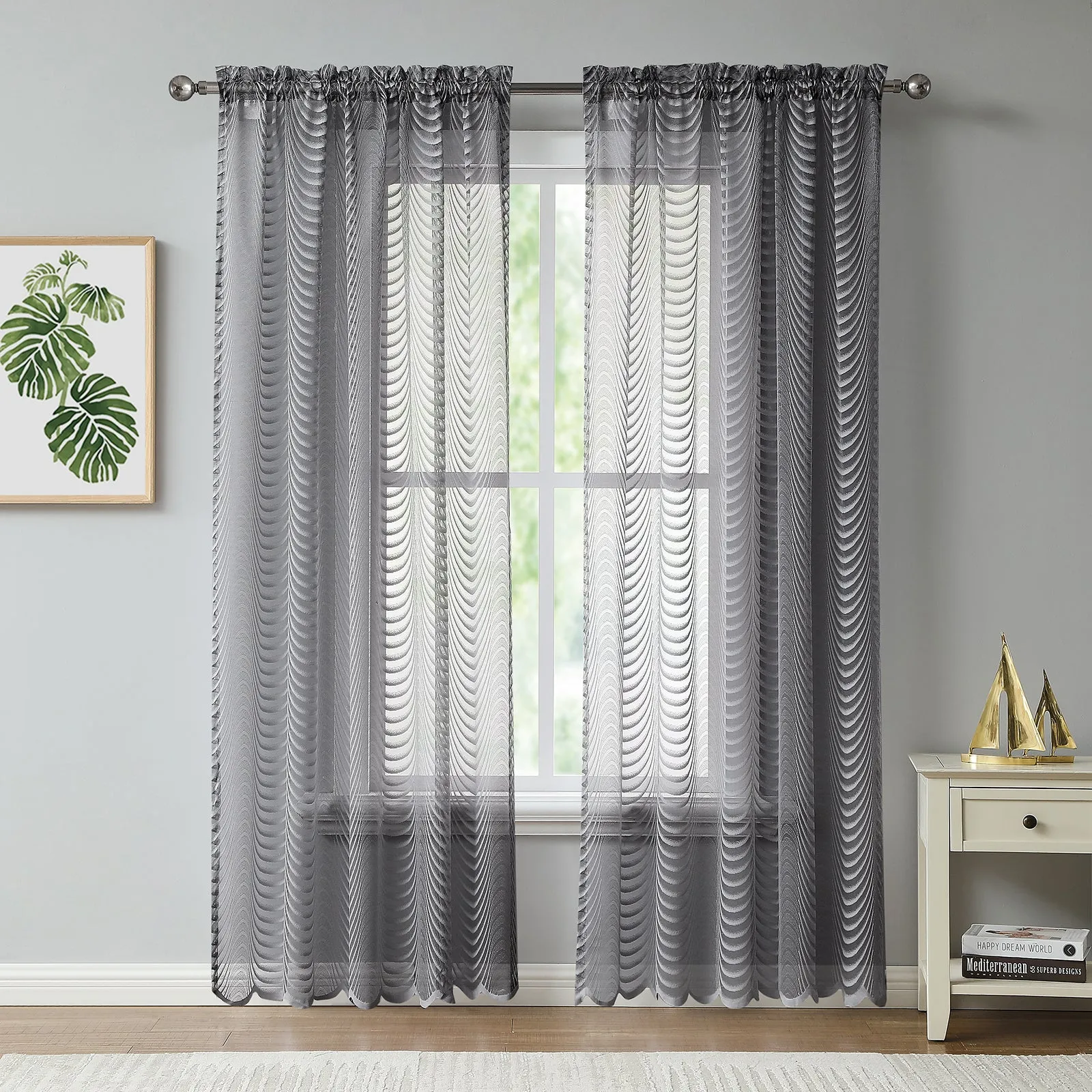 Red Co. Semi Sheer Wave Pattern Soft Decorative Rod Pocket Grey Curtains 2 Piece Set, 54" x 84"