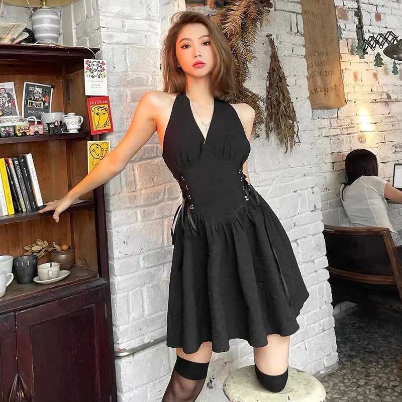 #Sisjuly# European and American style light mature woman fan lace waist sexy halter neck suspender skirt female fluffy dress