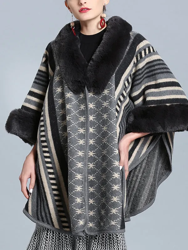 Stripe Bordeus Fluffy Neck Plus Size Cape Cardigan