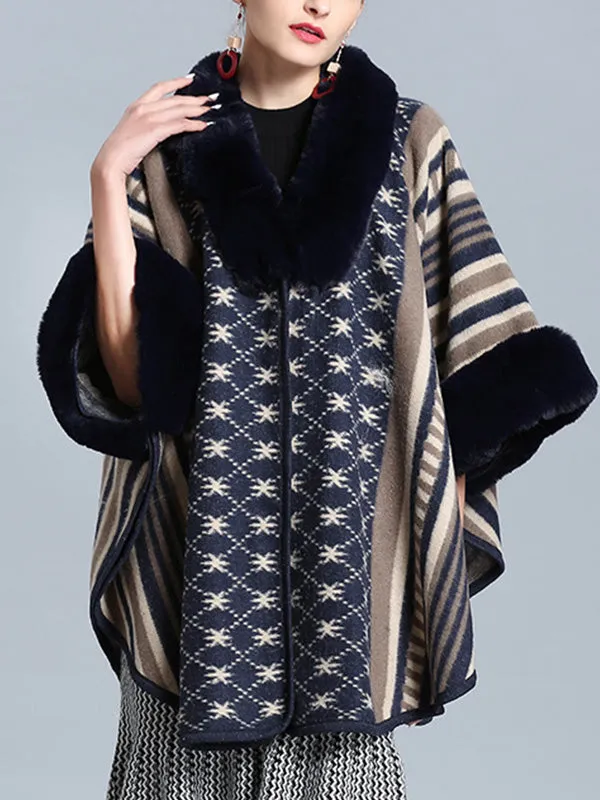 Stripe Bordeus Fluffy Neck Plus Size Cape Cardigan