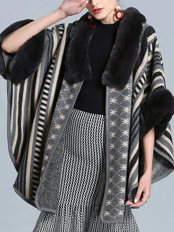 Stripe Bordeus Fluffy Neck Plus Size Cape Cardigan