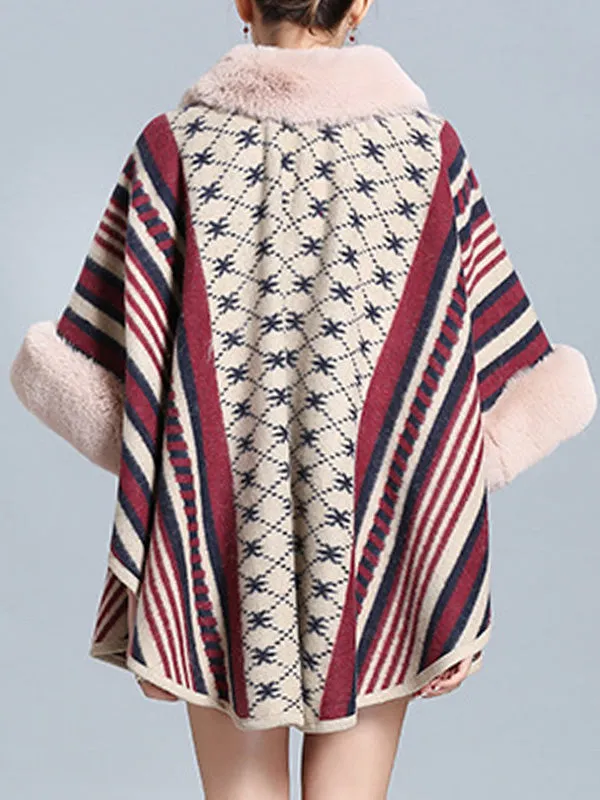 Stripe Bordeus Fluffy Neck Plus Size Cape Cardigan