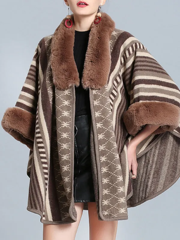 Stripe Bordeus Fluffy Neck Plus Size Cape Cardigan